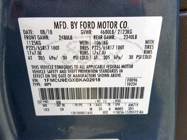 1FMCU9EGXBKA02918 - 2011 FORD ESCAPE LIM BLUE photo 10