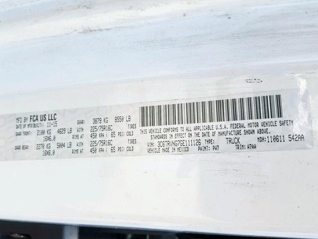 3C6TRVNG7GE111126 - 2016 RAM PROMASTER WHITE photo 10