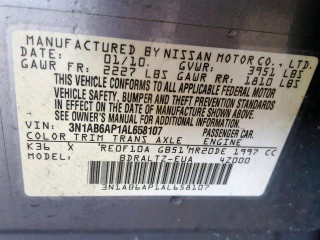 3N1AB6AP1AL658107 - 2010 NISSAN SENTRA 2.0 SILVER photo 10