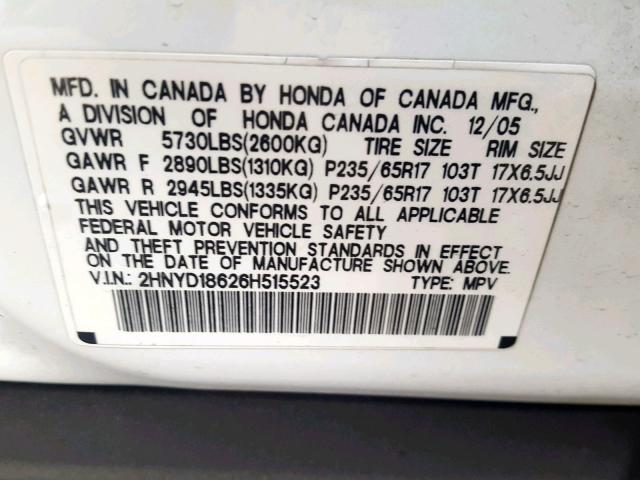 2HNYD18626H515523 - 2006 ACURA MDX TOURIN WHITE photo 10