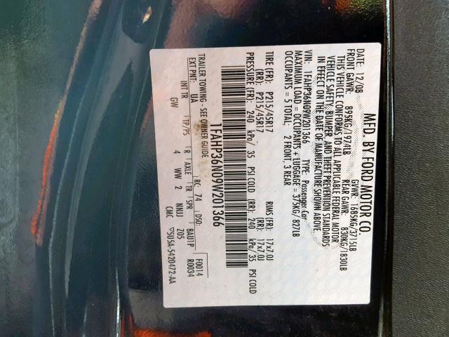 1FAHP36N09W201366 - 2009 FORD FOCUS SES BLACK photo 10