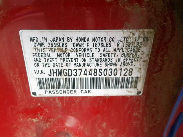 JHMGD37448S030128 - 2008 HONDA FIT RED photo 10