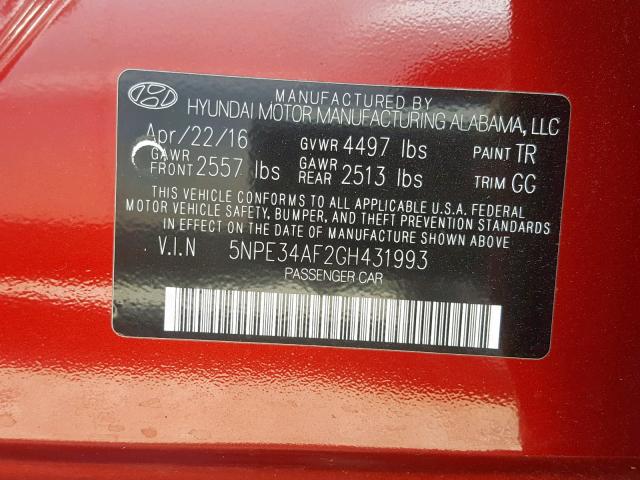 5NPE34AF2GH431993 - 2016 HYUNDAI SONATA SPO RED photo 10