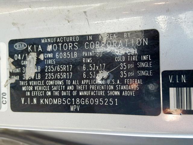 KNDMB5C18G6095251 - 2016 KIA SEDONA LX SILVER photo 10