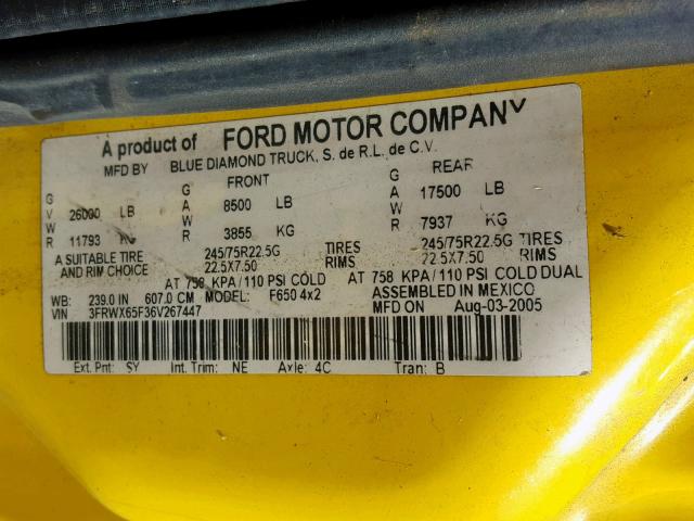 3FRWX65F36V267447 - 2006 FORD F650 SUPER YELLOW photo 10