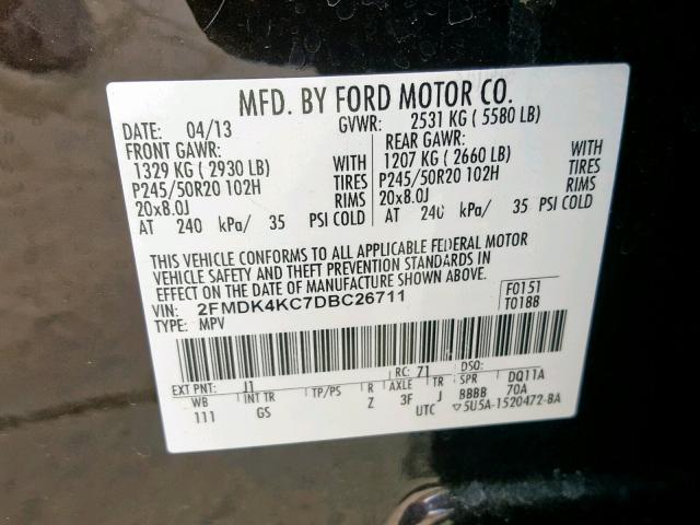 2FMDK4KC7DBC26711 - 2013 FORD EDGE LIMIT BLACK photo 10