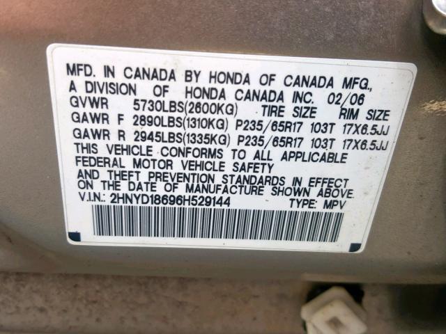 2HNYD18696H529144 - 2006 ACURA MDX TOURIN TAN photo 10