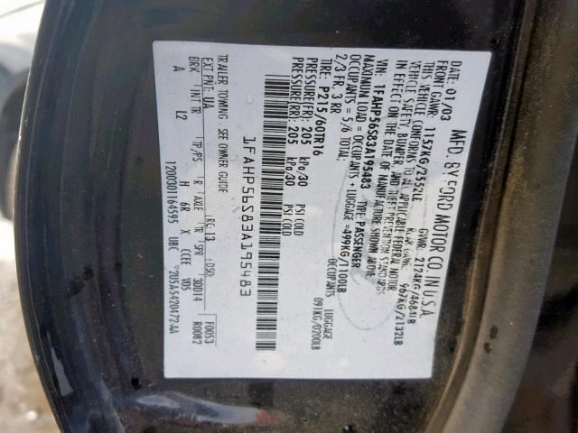 1FAHP56S83A195483 - 2003 FORD TAURUS SEL BLACK photo 10