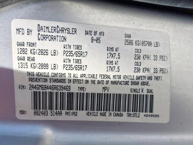 2A4GM68446R639469 - 2006 CHRYSLER PACIFICA T GRAY photo 10