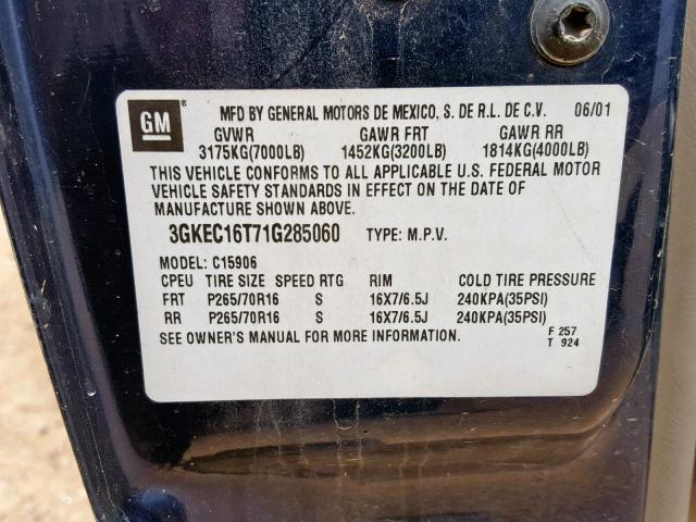 3GKEC16T71G285060 - 2001 GMC YUKON XL C BLUE photo 10