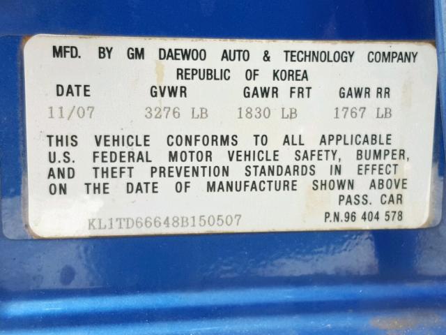 KL1TD66648B150507 - 2008 CHEVROLET AVEO BASE Mavi foto 10