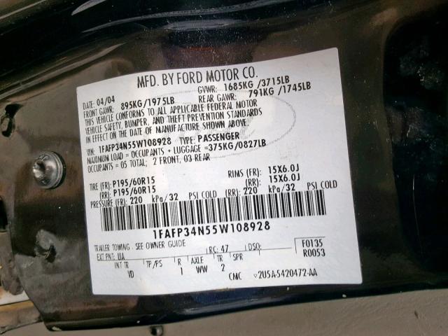 1FAFP34N55W108928 - 2005 FORD FOCUS ZX4 BLACK photo 10