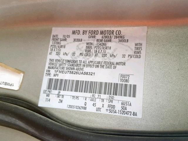 1FMEU75826UA58321 - 2006 FORD EXPLORER L BEIGE photo 10