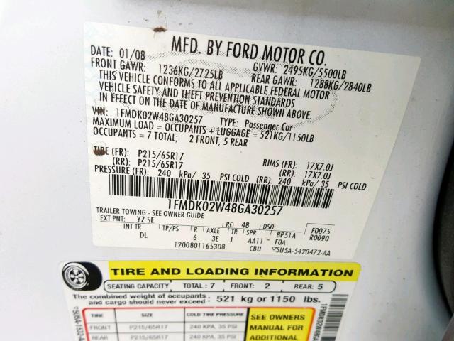 1FMDK02W48GA30257 - 2008 FORD TAURUS X S WHITE photo 10