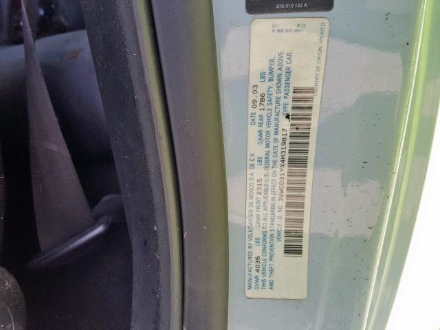 3VWCD31YX4M319817 - 2004 VOLKSWAGEN NEW BEETLE Կապույտ լուսանկար 10