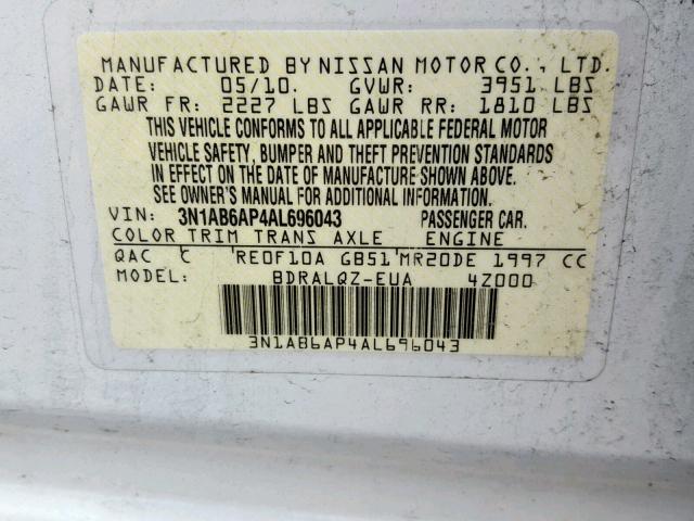 3N1AB6AP4AL696043 - 2010 NISSAN SENTRA 2.0 WHITE photo 10