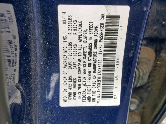 1HGCR2F81EA186923 - 2014 HONDA ACCORD EXL BLUE photo 10