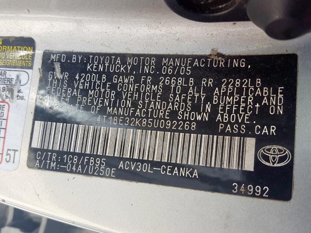 4T1BE32K85U092268 - 2005 TOYOTA CAMRY LE  photo 10