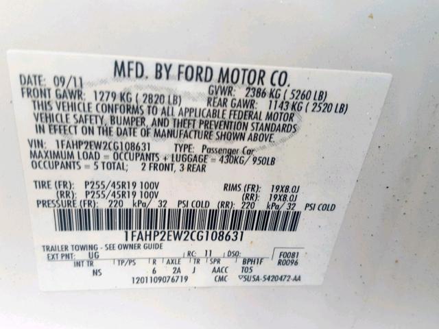 1FAHP2EW2CG108631 - 2012 FORD TAURUS SEL WHITE photo 10