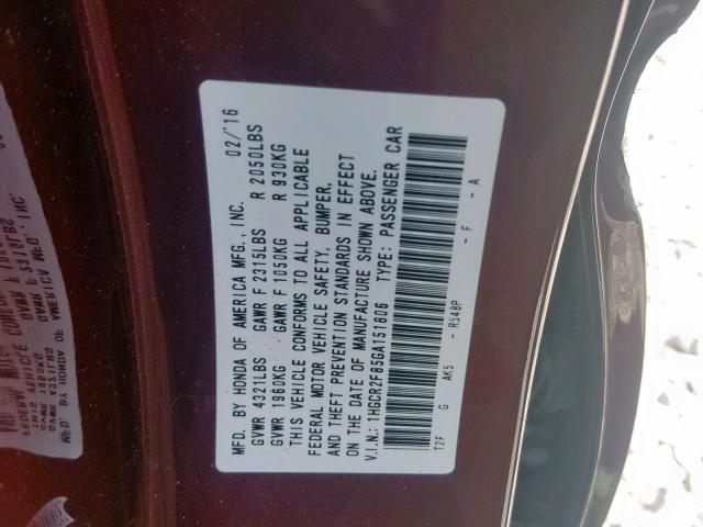 1HGCR2F85GA151806 - 2016 HONDA ACCORD EXL MAROON photo 10