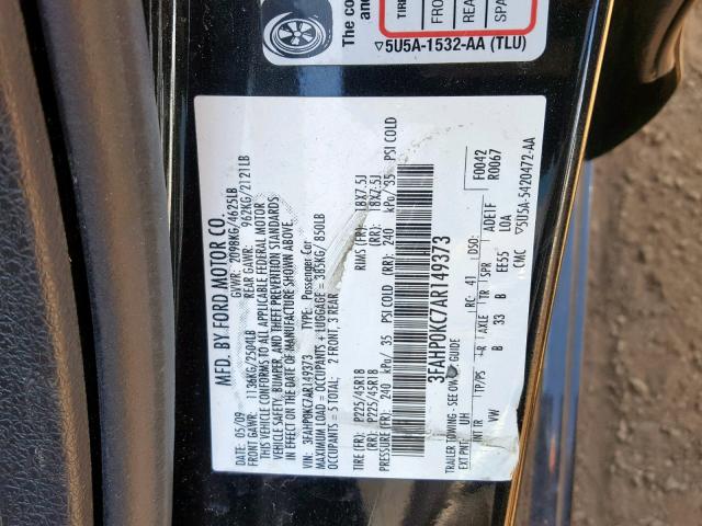 3FAHP0KC7AR149373 - 2010 FORD FUSION SPO BLACK photo 10