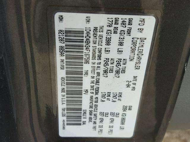 1D4HD48N34F167506 - 2004 DODGE DURANGO SL GRAY photo 10