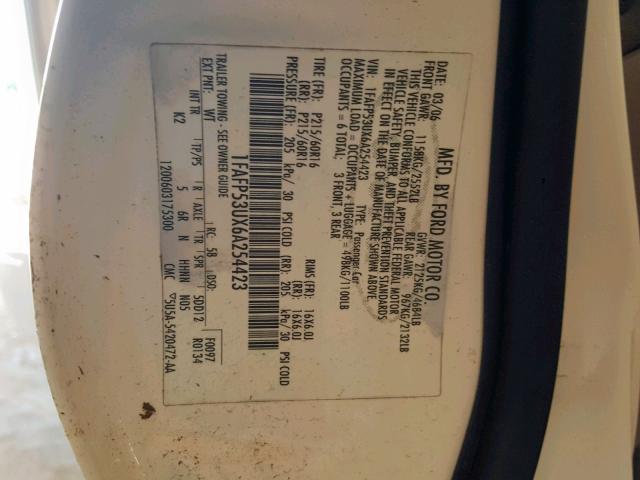 1FAFP53UX6A254423 - 2006 FORD TAURUS SE WHITE photo 10