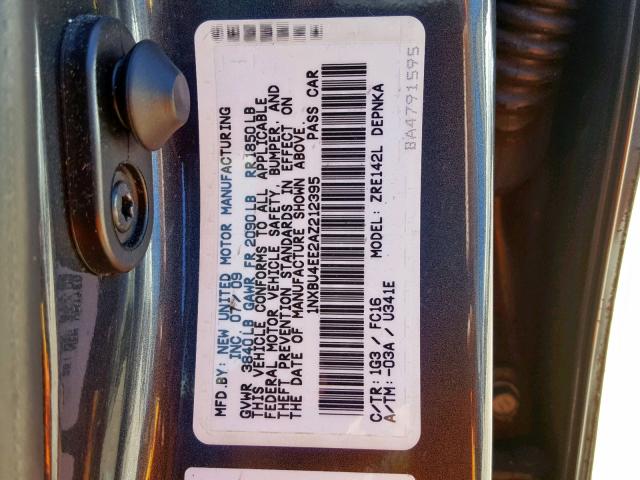 1NXBU4EE2AZ212395 - 2010 TOYOTA COROLLA BA GRAY photo 10