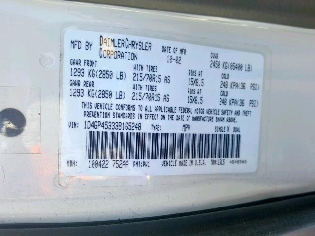 1D4GP45333B165248 - 2003 DODGE CARAVAN SP WHITE photo 10