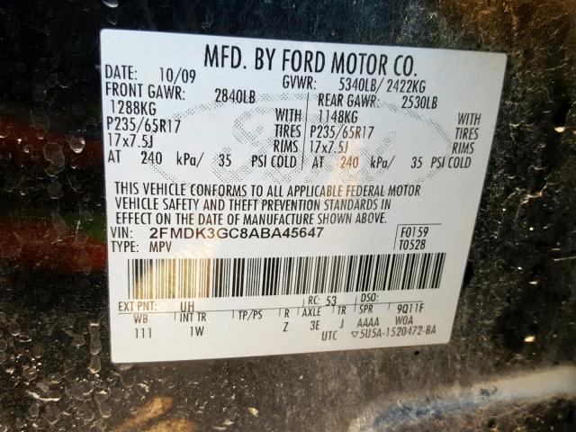 2FMDK3GC8ABA45647 - 2010 FORD EDGE SE BLACK photo 10