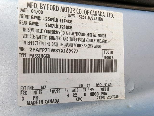 2FAFP71W8YX169977 - 2000 FORD CROWN VICT BLUE photo 10