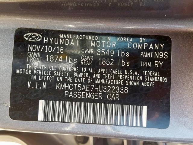 KMHCT5AE7HU322338 - 2017 HYUNDAI ACCENT SE GRAY photo 10