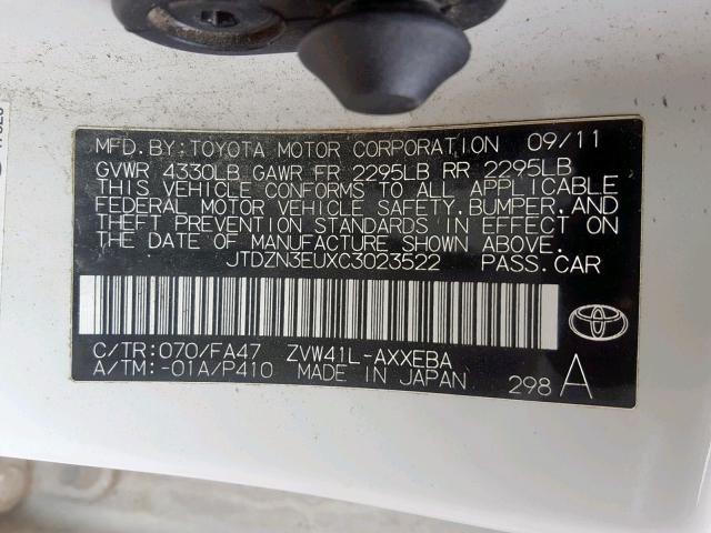 JTDZN3EUXC3023522 - 2012 TOYOTA PRIUS V WHITE photo 10