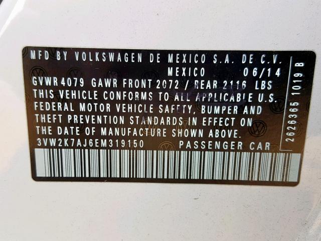 3VW2K7AJ6EM319150 - 2014 VOLKSWAGEN JETTA BASE 白色 照片 10