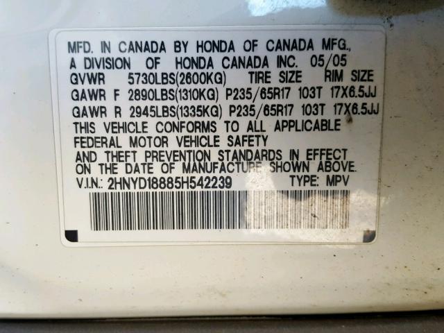 2HNYD18885H542239 - 2005 ACURA MDX TOURIN WHITE photo 10