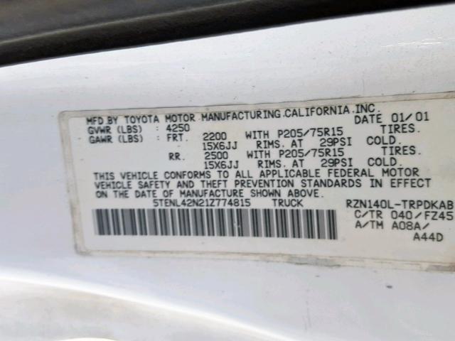 5TENL42N21Z774815 - 2001 TOYOTA TACOMA WHITE photo 10