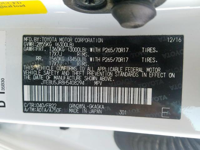 JTEBU5JR8H5408294 - 2017 TOYOTA 4RUNNER SR5/SR5 PREMIUM  照片 10