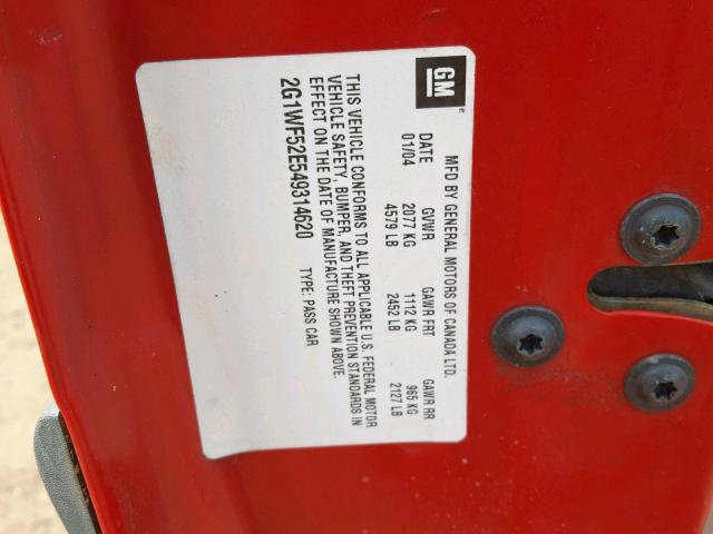 2G1WF52E549314620 - 2004 CHEVROLET IMPALA RED photo 10