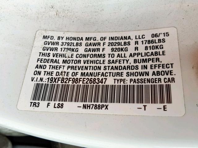 19XFB2F98FE268347 - 2015 HONDA CIVIC EXL 白色 照片 10