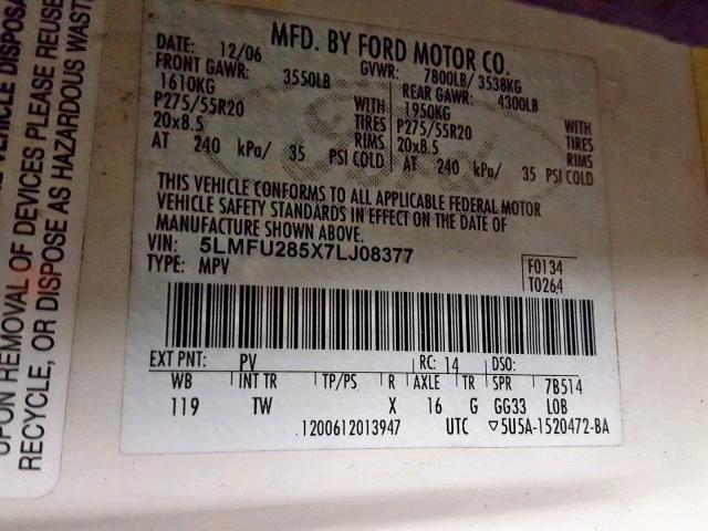 5LMFU285X7LJ08377 - 2007 LINCOLN NAVIGATOR Blanc photo 10