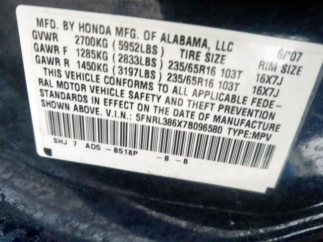 5FNRL386X7B096580 - 2007 HONDA ODYSSEY EXL  photo 10