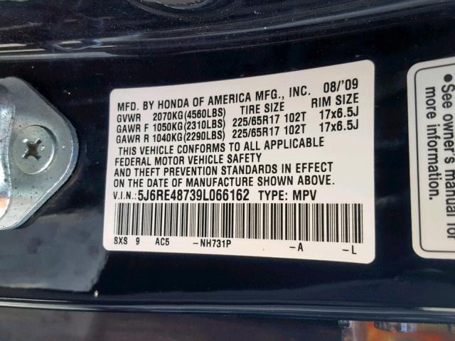 5J6RE48739L066162 - 2009 HONDA CR-V EXL BLACK photo 10