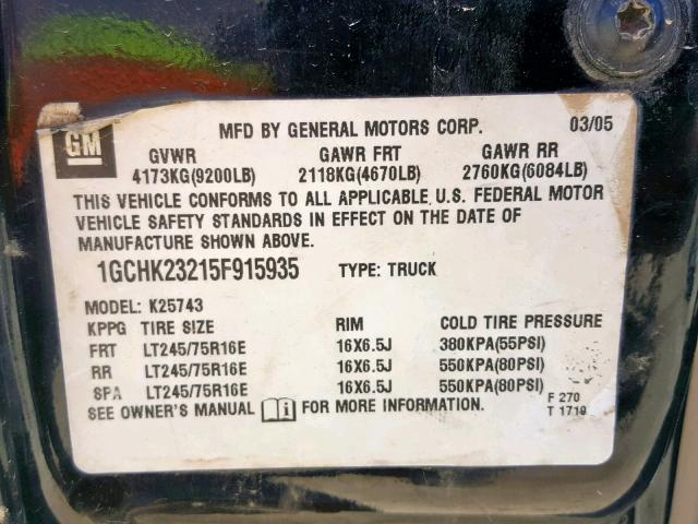 1GCHK23215F915935 - 2005 CHEVROLET SILVERADO BLACK photo 10