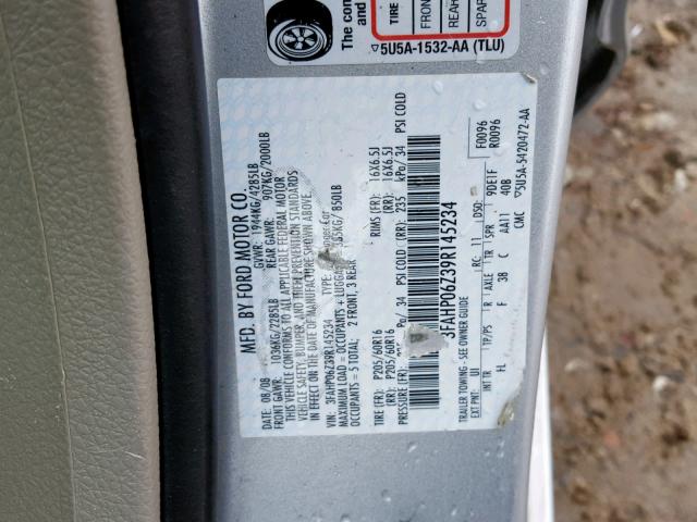 3FAHP06Z39R145234 - 2009 FORD FUSION S SILVER photo 10