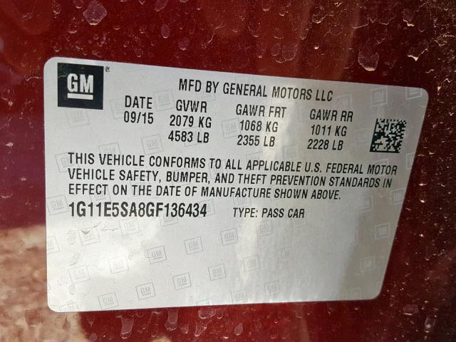 1G11E5SA8GF136434 - 2016 CHEVROLET MALIBU LIM 勃艮第红 照片 10