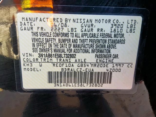 3N1AB61E58L732802 - 2008 NISSAN SENTRA 2.0 BLACK photo 10