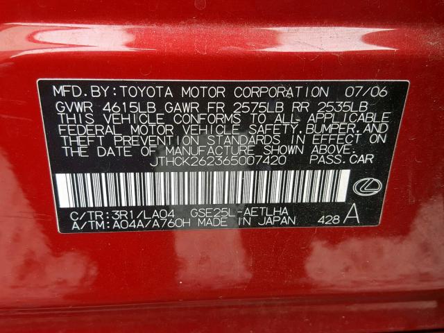 JTHCK262365007420 - 2006 LEXUS IS 250 RED photo 10