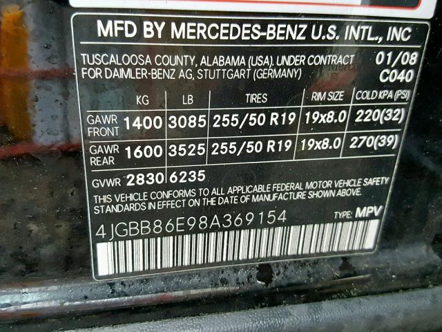 4JGBB86E98A369154 - 2008 MERCEDES-BENZ ML 350 BLACK photo 10