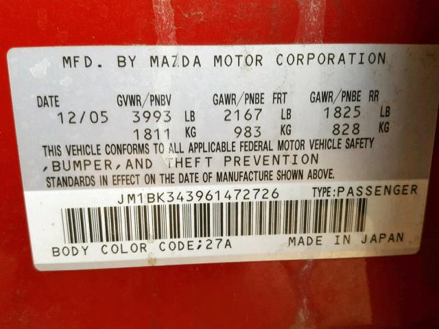 JM1BK343961472726 - 2006 MAZDA 3 HATCHBAC RED photo 10