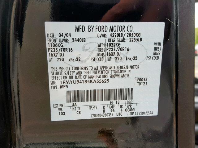 1FMYU94185KA55625 - 2005 FORD ESCAPE LIM BLACK photo 10